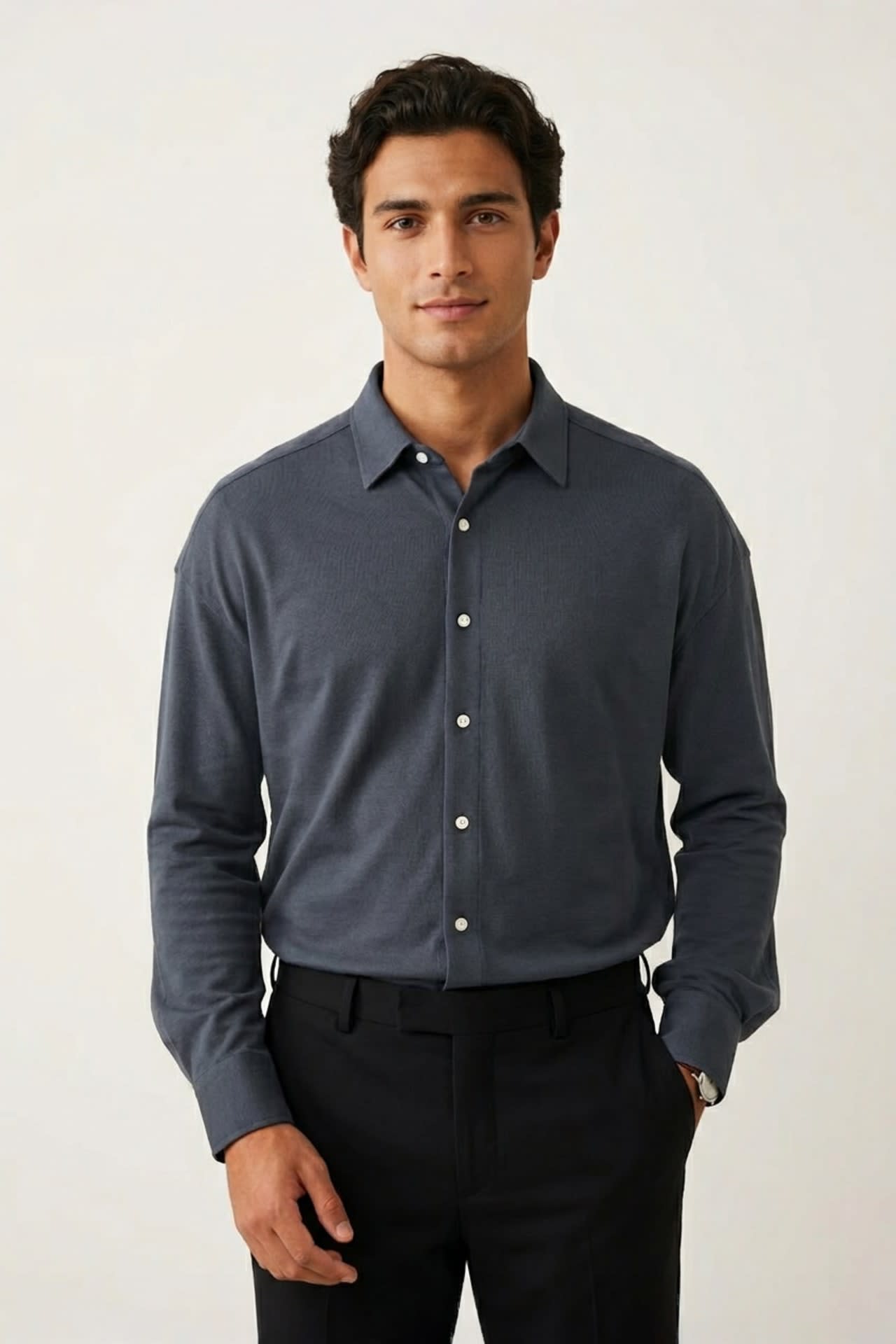 Easy Iron Cotton Knit Smart Fit Long Sleeve Shirt
