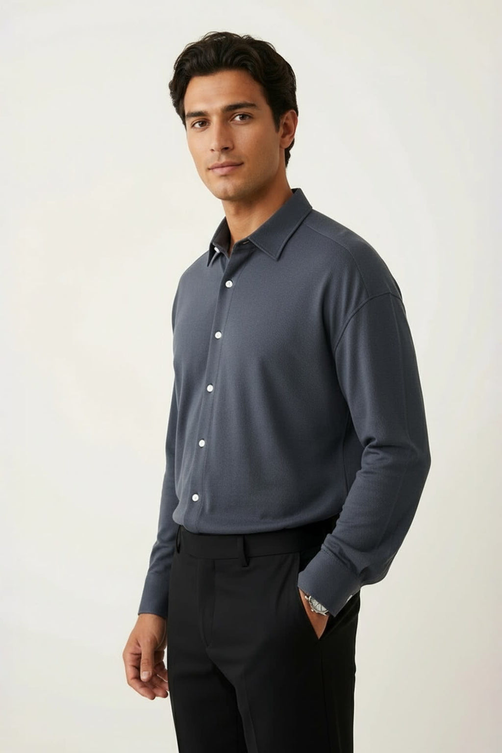 Easy Iron Cotton Knit Smart Fit Long Sleeve Shirt