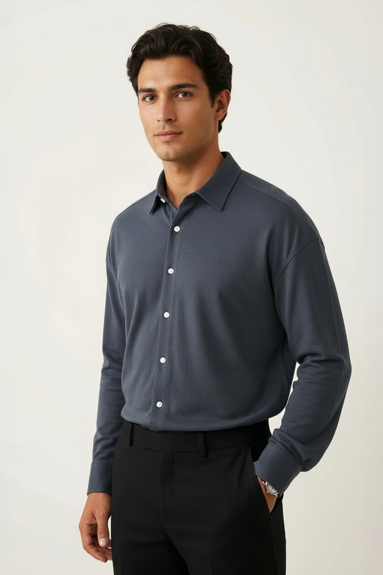 Easy Iron Cotton Knit Smart Fit Long Sleeve Shirt