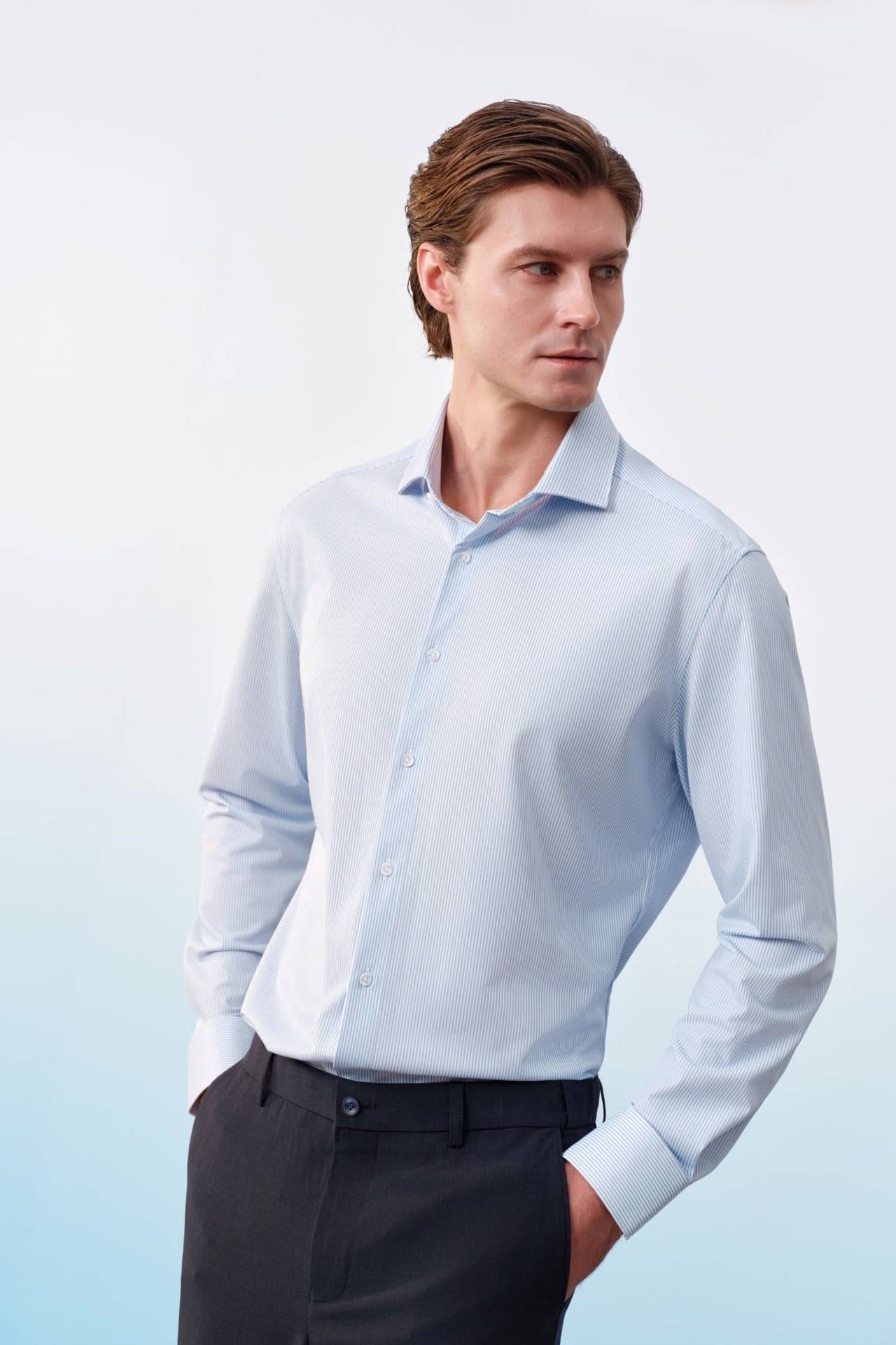 Non-Iron Warp Knit Stripe Slim Fit Long Sleeve Shirt