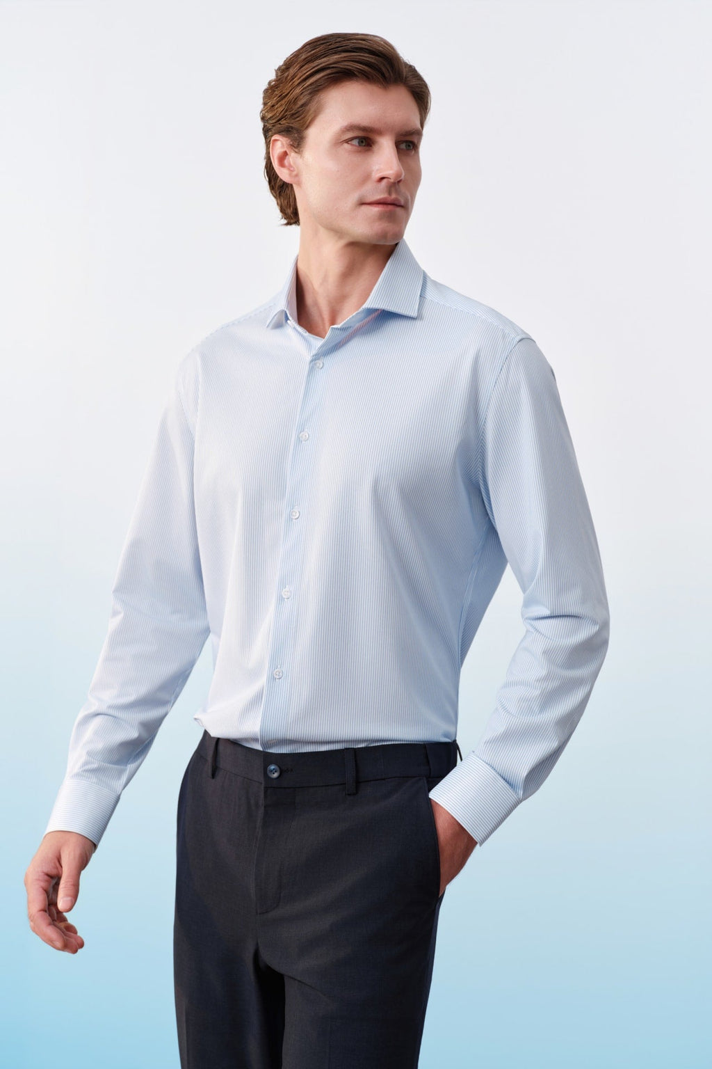 Non-Iron Warp Knit Stripe Slim Fit Long Sleeve Shirt