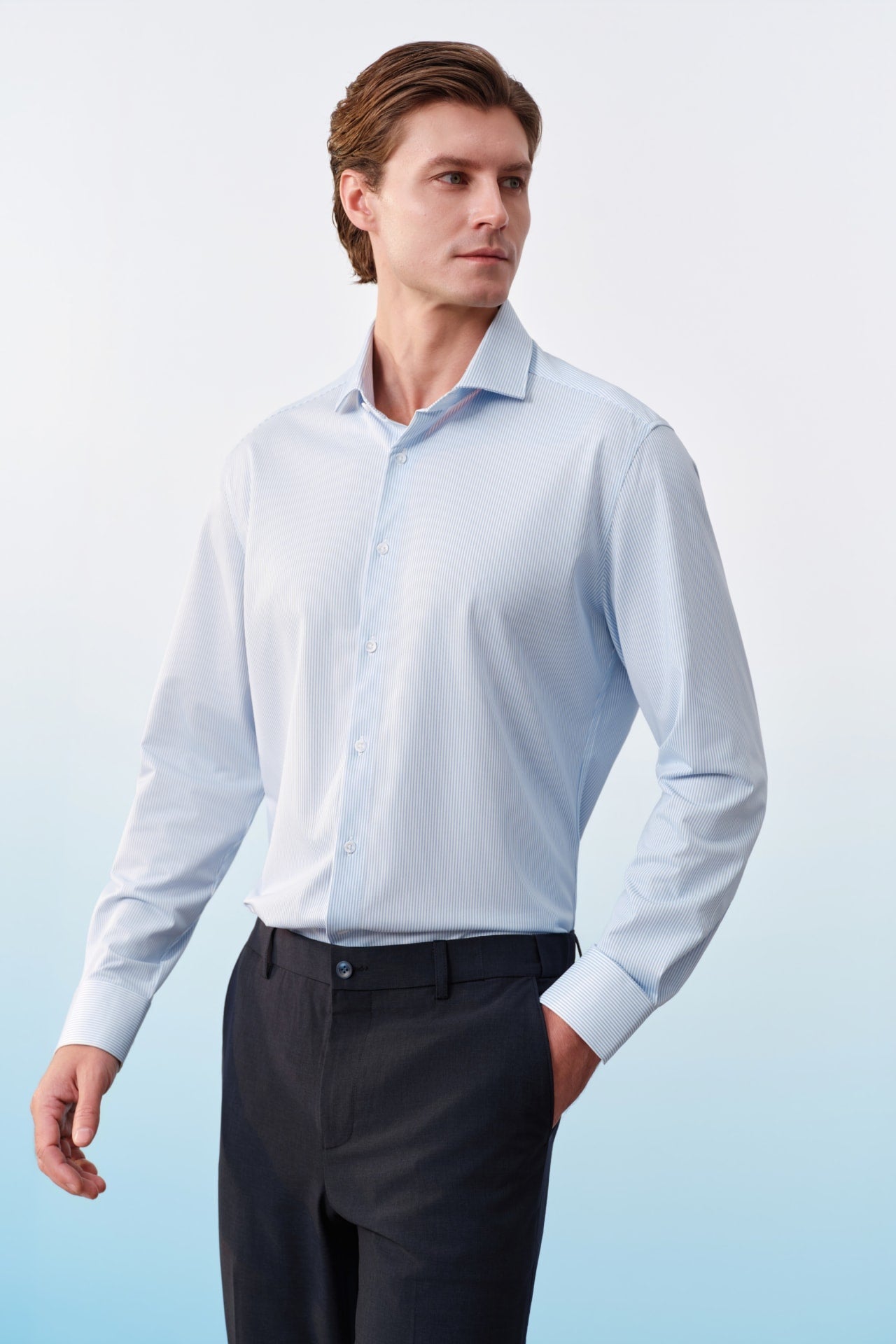 Non-Iron Warp Knit Stripe Slim Fit Long Sleeve Shirt