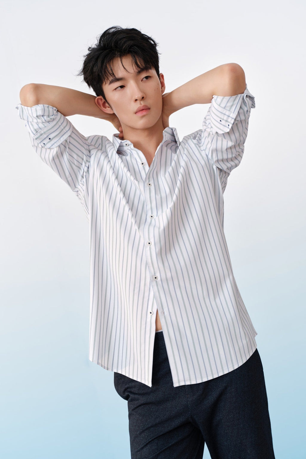Easy Care Opaque Anti UV Stripe Smart Fit Long Sleeve Shirt