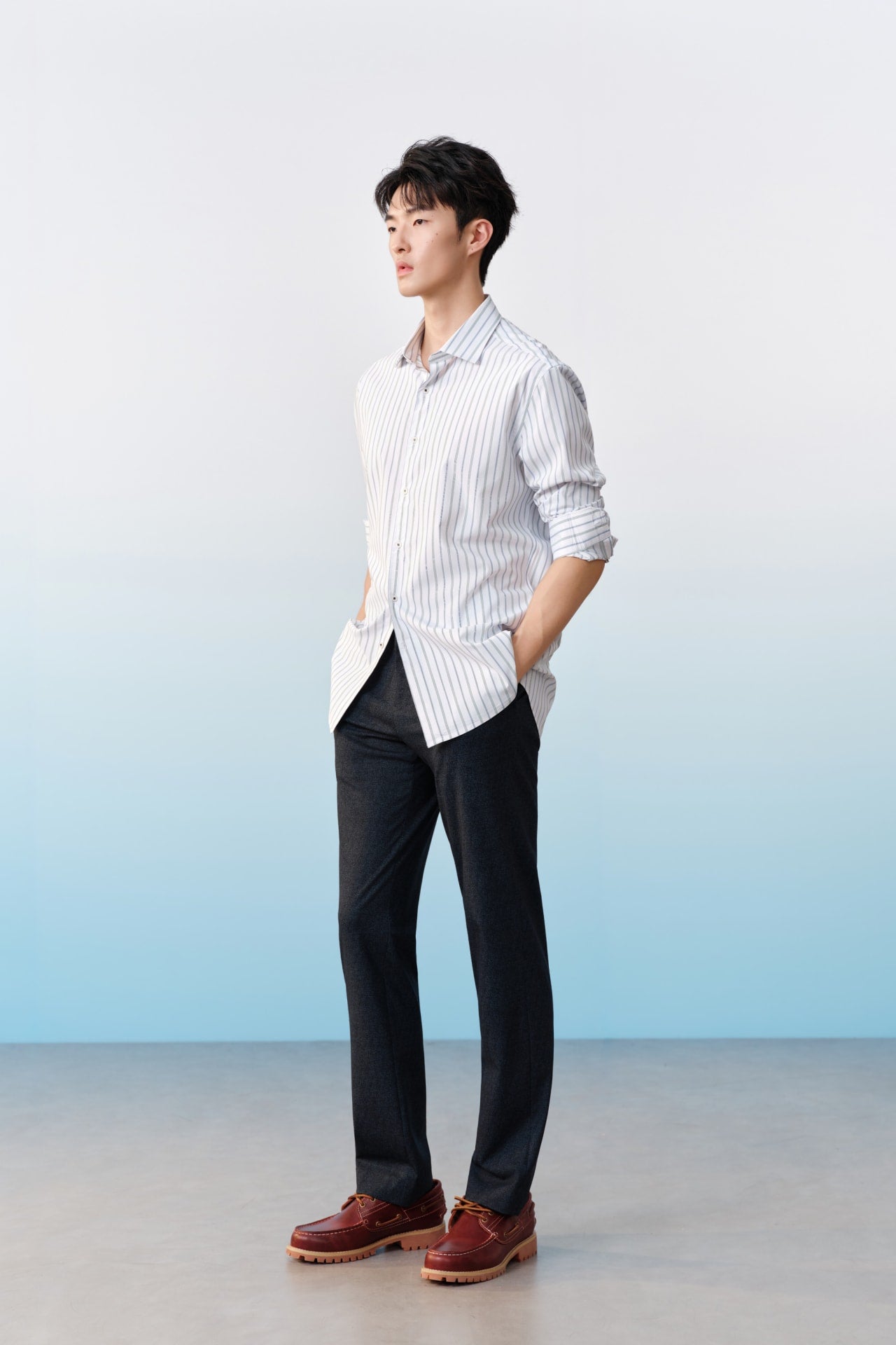Easy Care Opaque Anti UV Stripe Smart Fit Long Sleeve Shirt