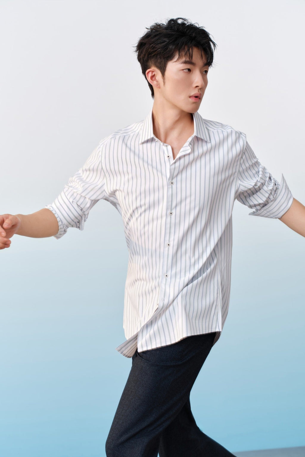 Easy Care Opaque Anti UV Stripe Smart Fit Long Sleeve Shirt