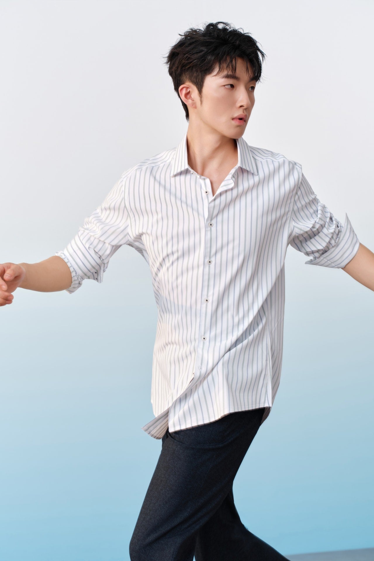 Easy Care Opaque Anti UV Stripe Smart Fit Long Sleeve Shirt