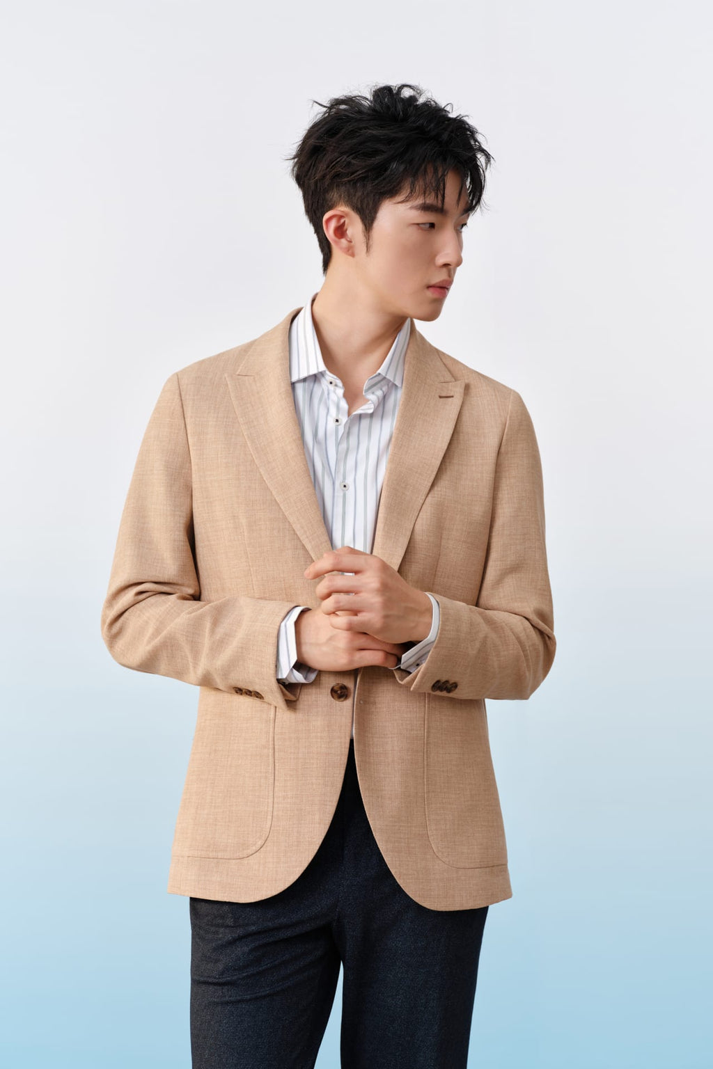 Easy Care Opaque Anti UV Stripe Smart Fit Long Sleeve Shirt