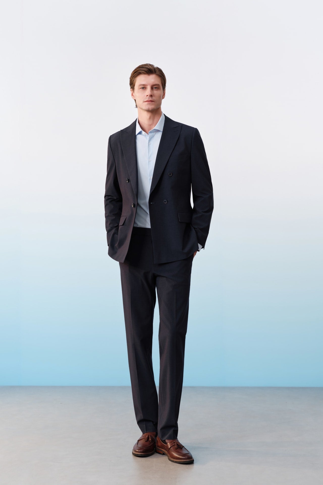 Three-Proof Finish Plain Weave Smart Fit Suit Pants With Elastic Waistband