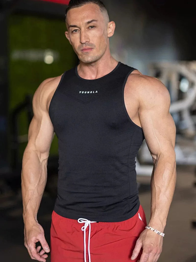 YOUNG LA Summer Gym Men's Sports Running Casual Tank Top Printed Elastic Breathable Fitness Top