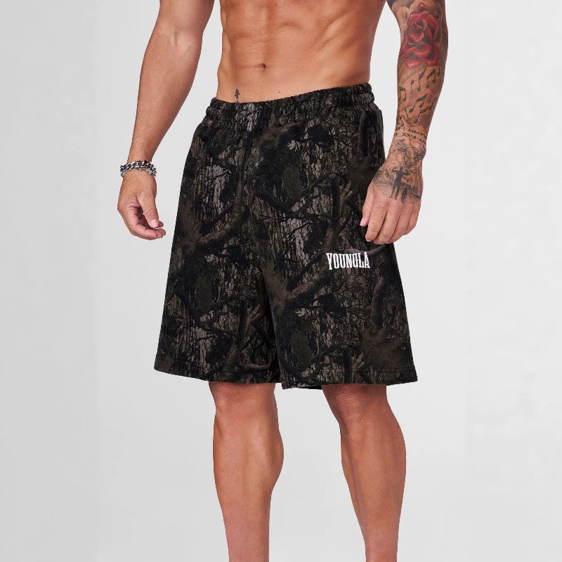 YOUNG LA American style withered leaf shorts men's casual camouflage summer retro letter loose fitness sports beach pants