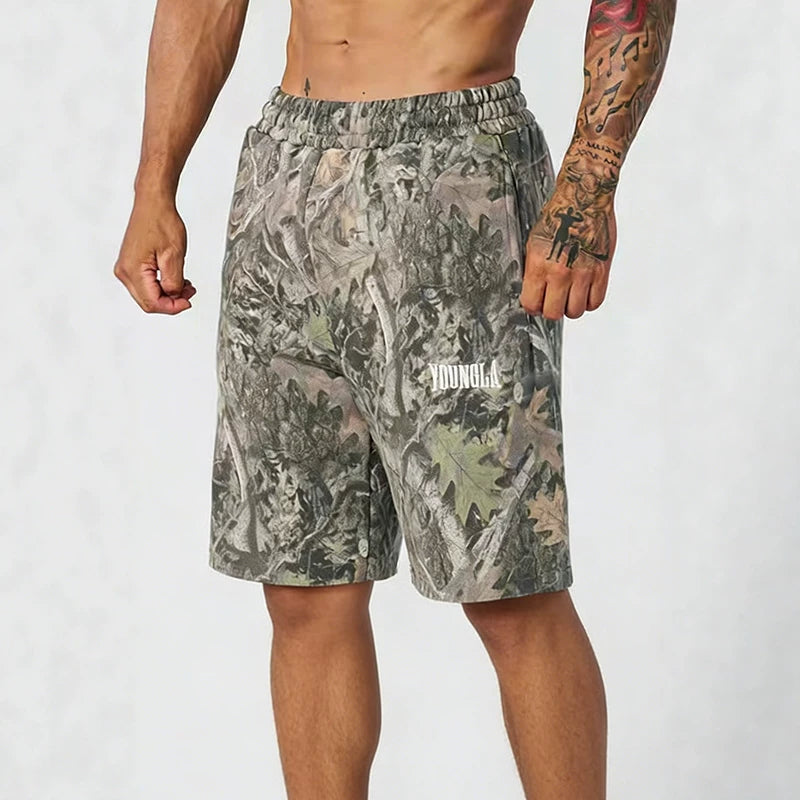 YOUNG LA American style withered leaf shorts men's casual camouflage summer retro letter loose fitness sports beach pants