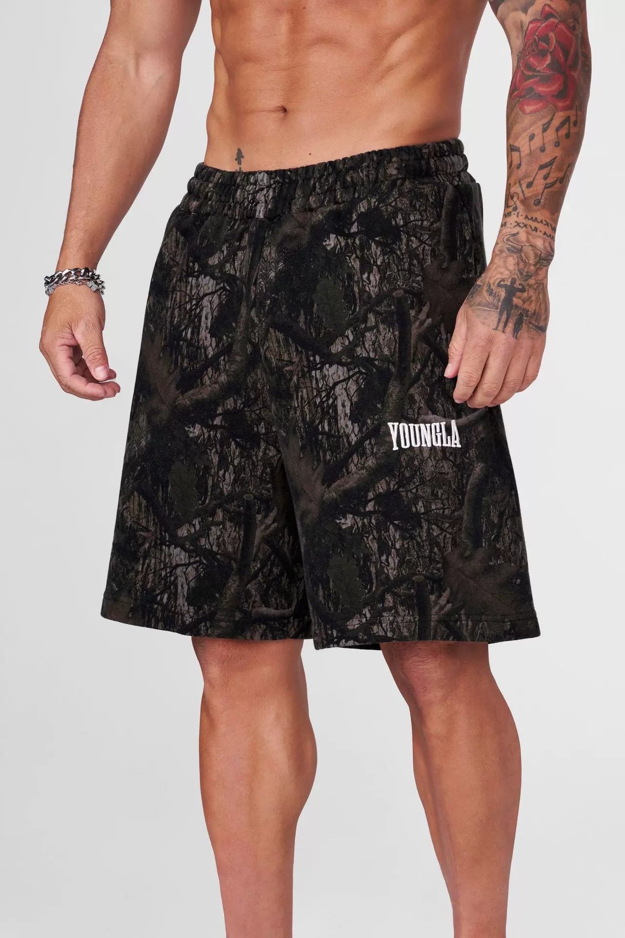 YOUNG LA American style withered leaf shorts men's casual camouflage summer retro letter loose fitness sports beach pants