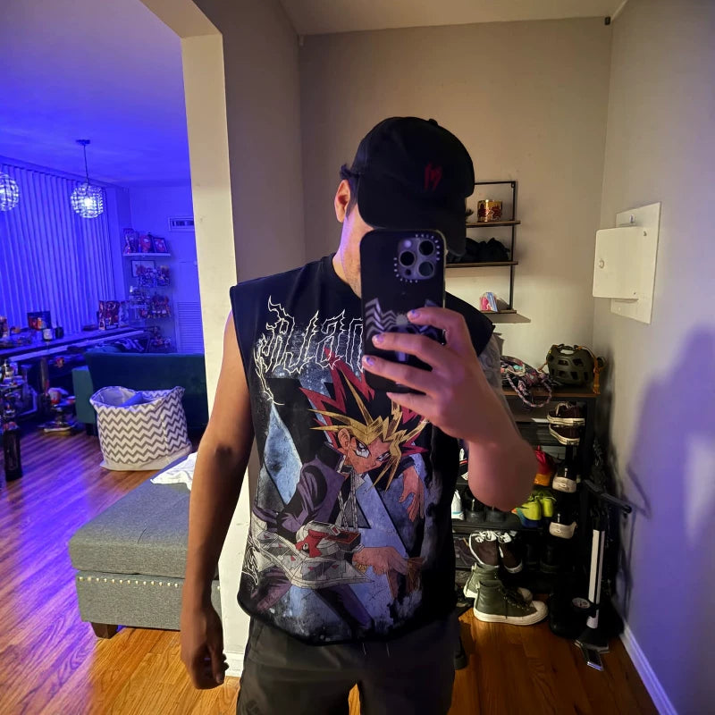 2026 new short and wide shoulder men's themed printed T-shirt with oversized design for sports and fitness, loose cotton vest