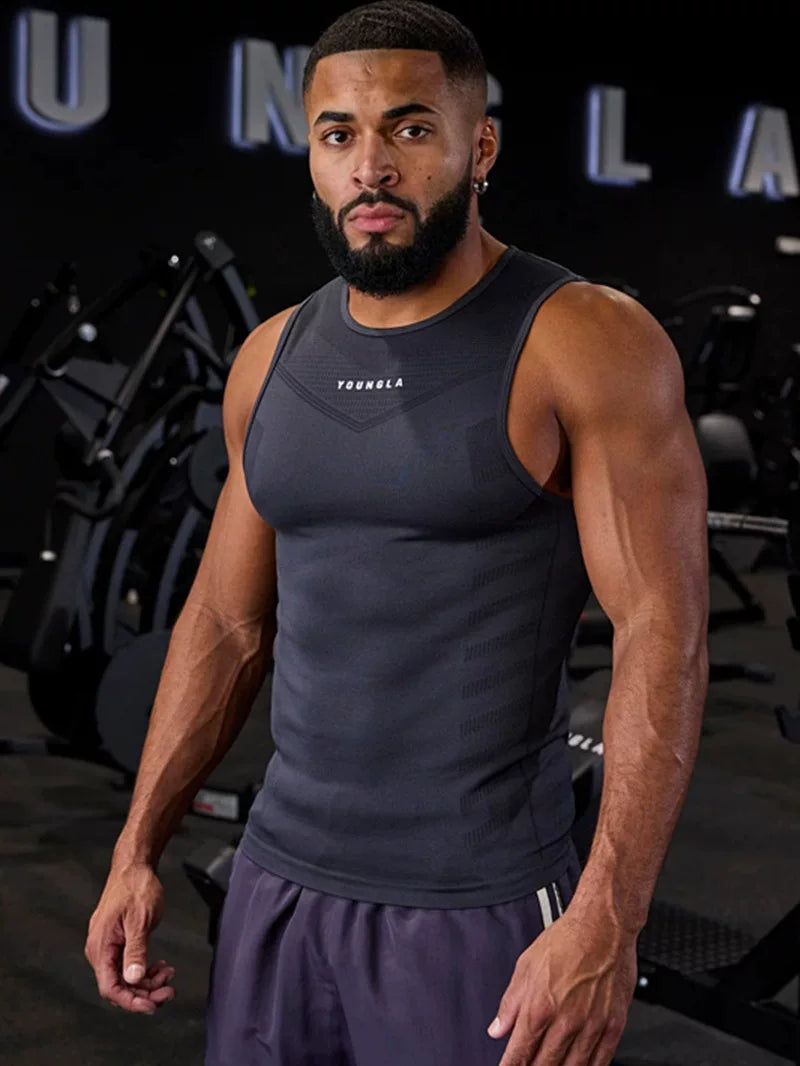 YOUNG LA Summer Gym Men's Sports Running Casual Tank Top Printed Elastic Breathable Fitness Top