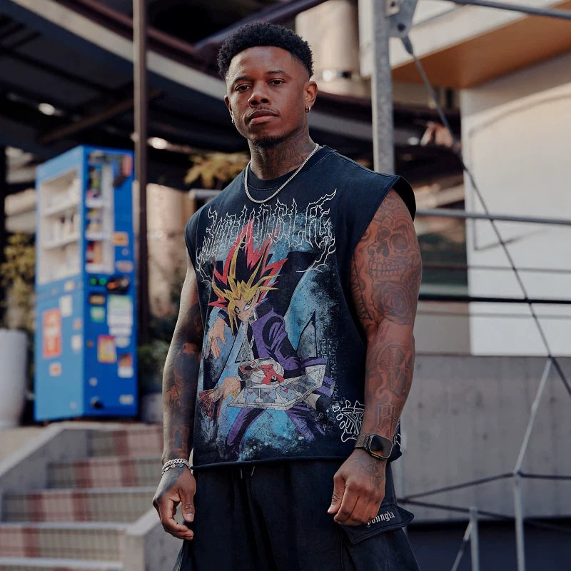 2026 new short and wide shoulder men's themed printed T-shirt with oversized design for sports and fitness, loose cotton vest