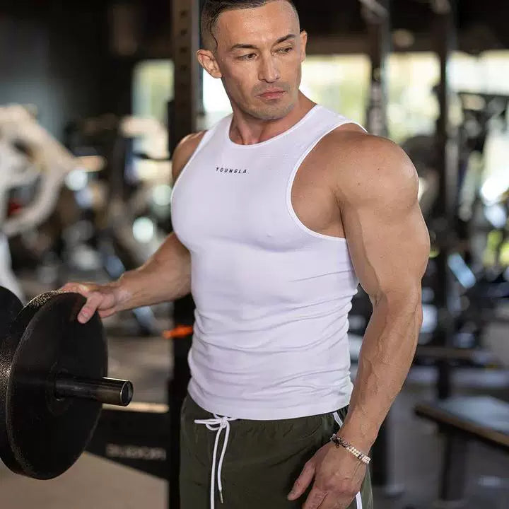YOUNG LA Summer Gym Men's Sports Running Casual Tank Top Printed Elastic Breathable Fitness Top
