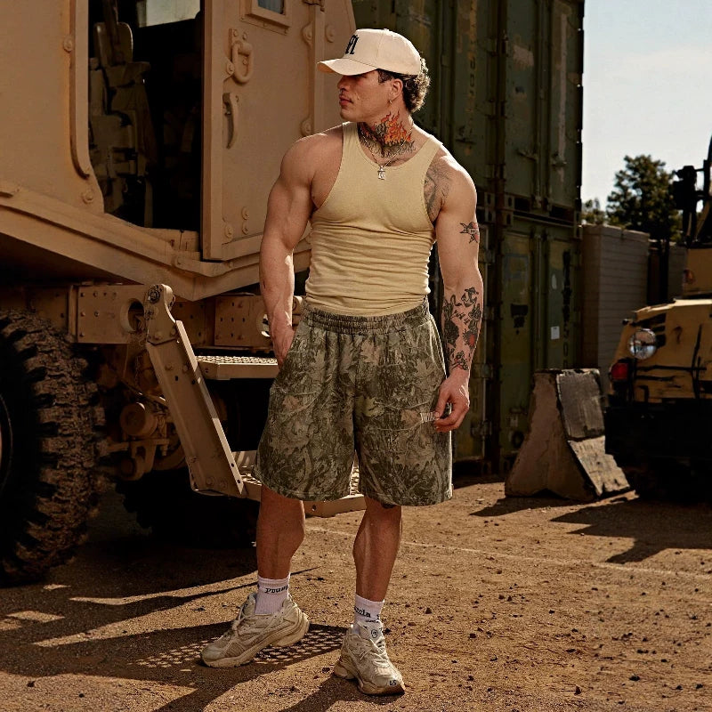 YOUNG LA American style withered leaf shorts men's casual camouflage summer retro letter loose fitness sports beach pants