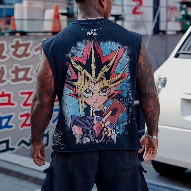 2026 new short and wide shoulder men's themed printed T-shirt with oversized design for sports and fitness, loose cotton vest