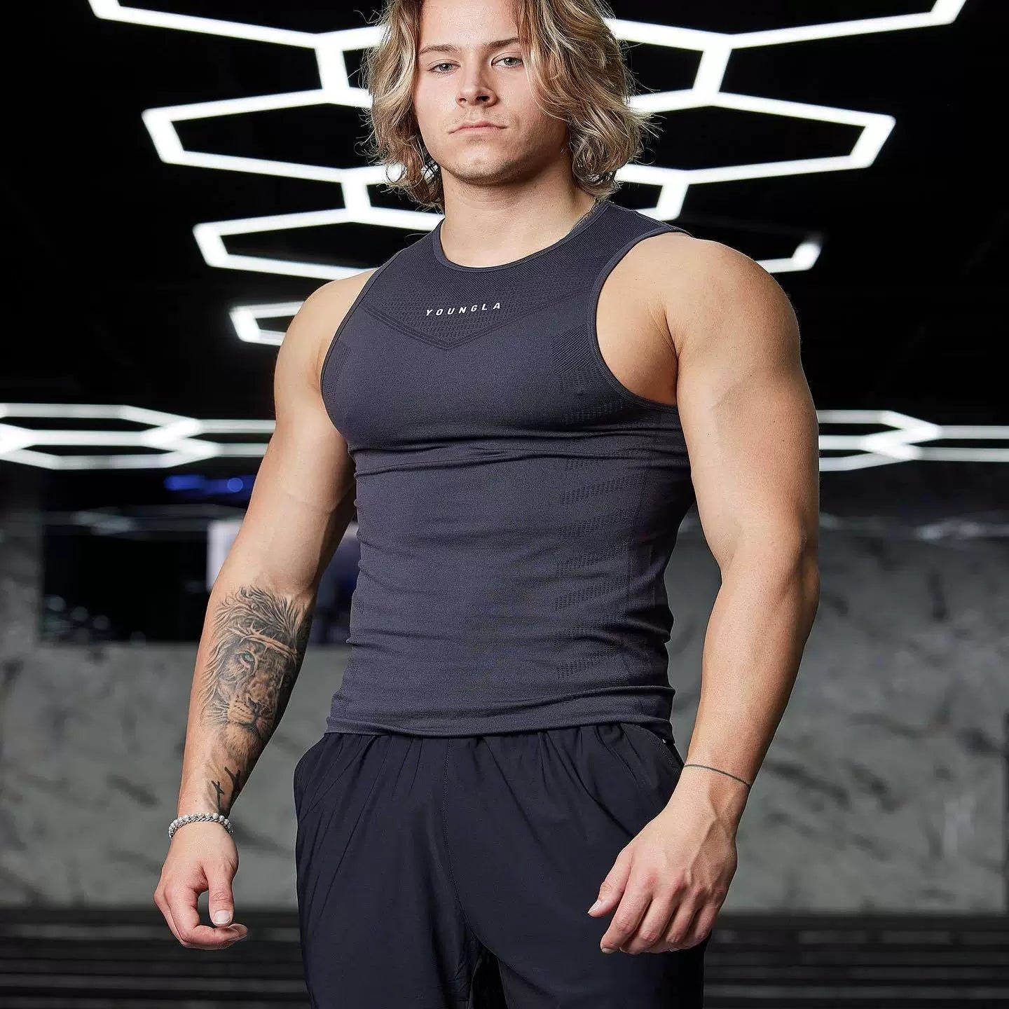 YOUNG LA Summer Gym Men's Sports Running Casual Tank Top Printed Elastic Breathable Fitness Top