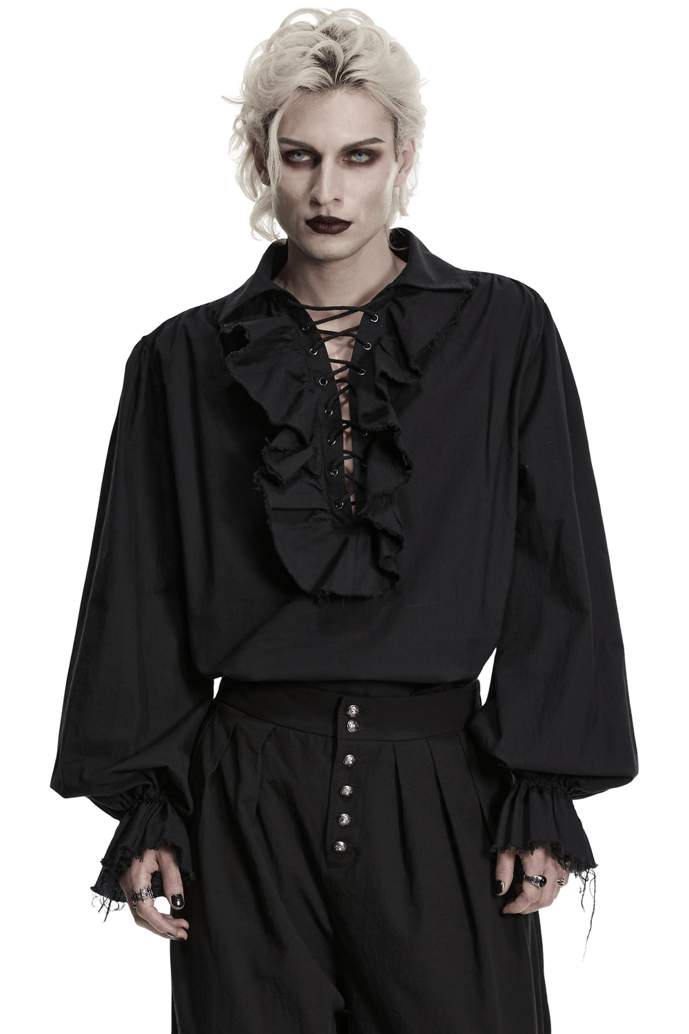 Black Ruffle Lace Up Gothic Poet Shirt for Men