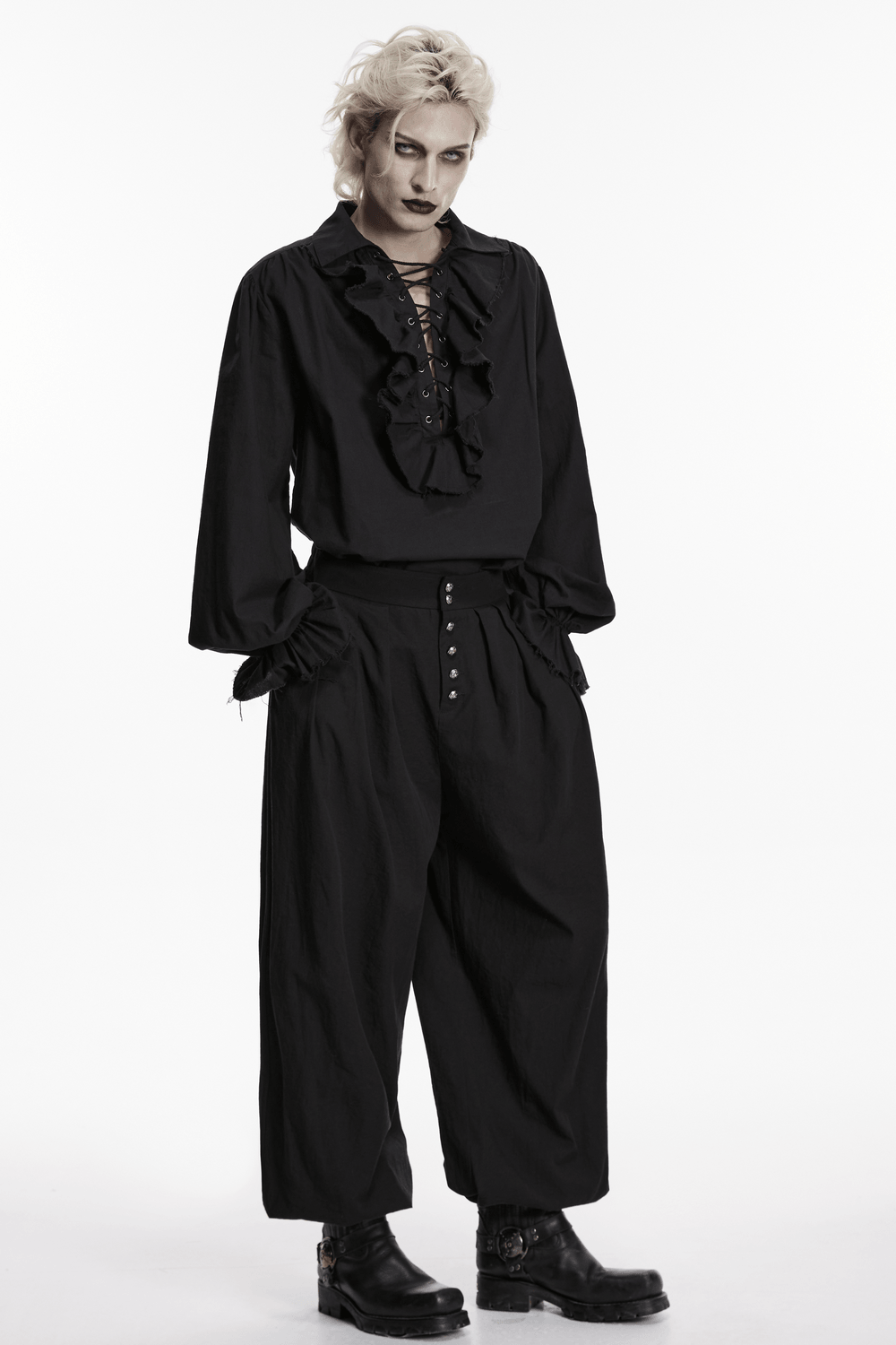 Black Ruffle Lace Up Gothic Poet Shirt for Men