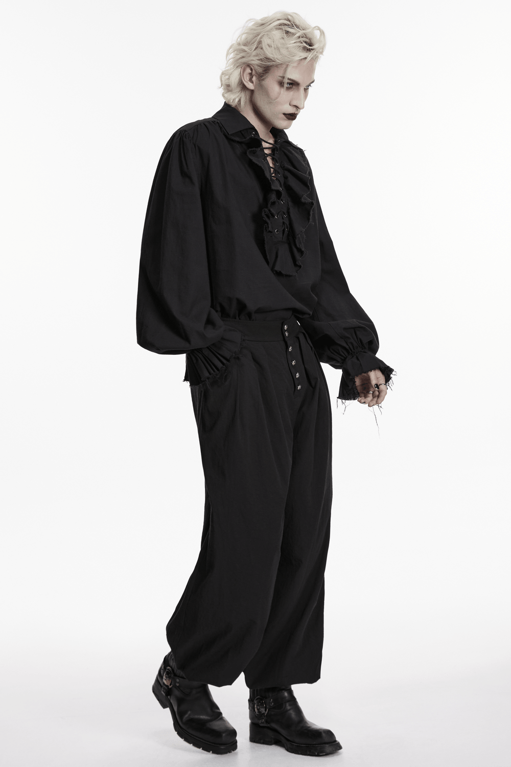 Black Ruffle Lace Up Gothic Poet Shirt for Men