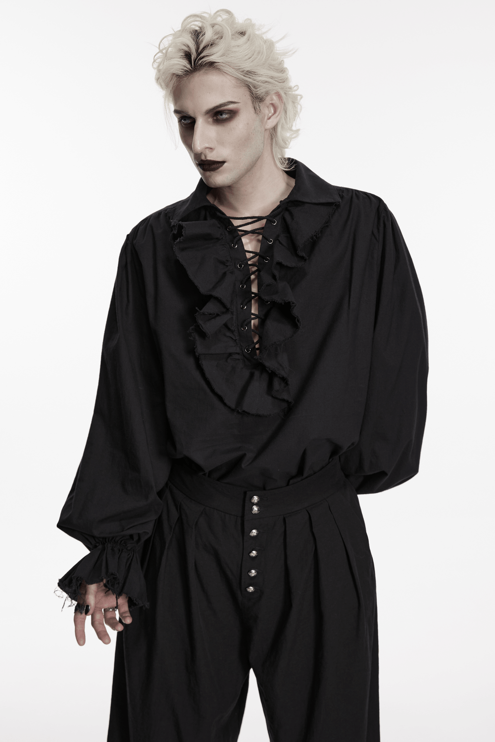Black Ruffle Lace Up Gothic Poet Shirt for Men