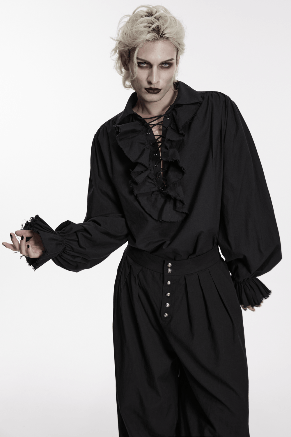Black Ruffle Lace Up Gothic Poet Shirt for Men