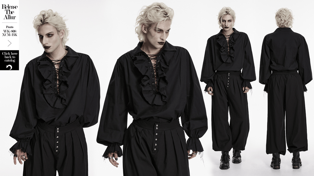 Black Ruffle Lace Up Gothic Poet Shirt for Men