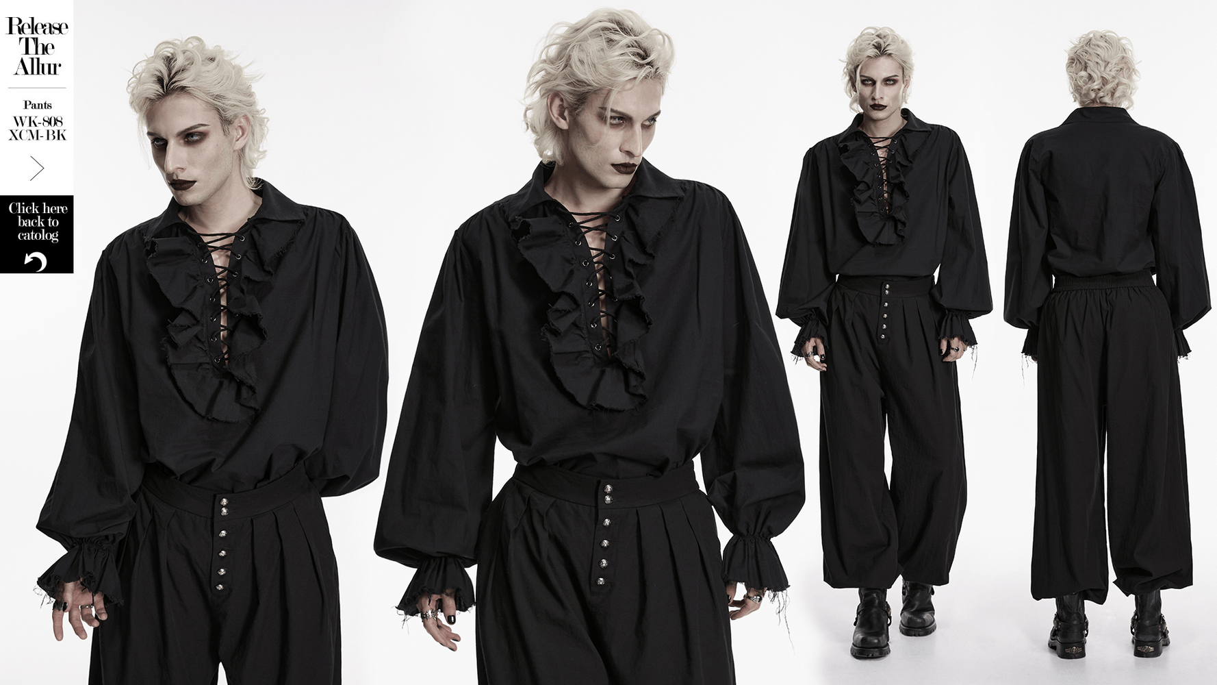 Black Ruffle Lace Up Gothic Poet Shirt for Men