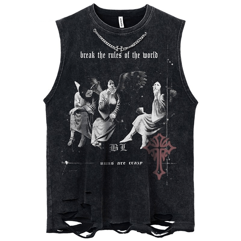 Funny Angels Printed Gothic Tank Tops for Men / Chain Sleeveless Ripped Tshirts